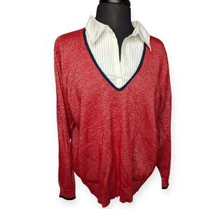 CD Daniels Chic Red V-Neck Sweater with White Collar Womens Size 1X